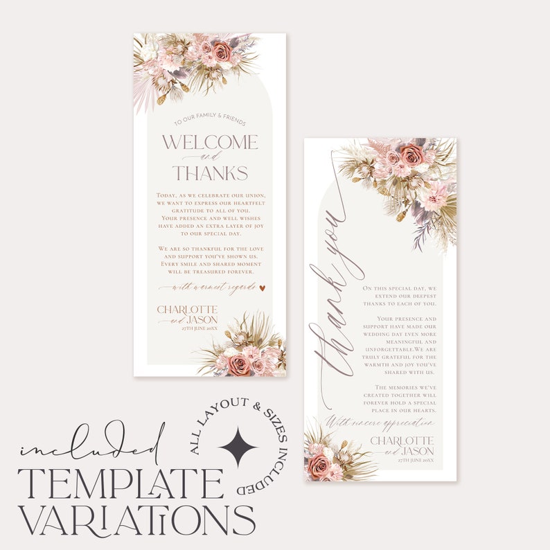 May include: A wedding welcome and thank you sign template with a floral design featuring dried pampas grass, blush pink flowers, and greenery. The text reads "Welcome and Thanks" and "Thank You".