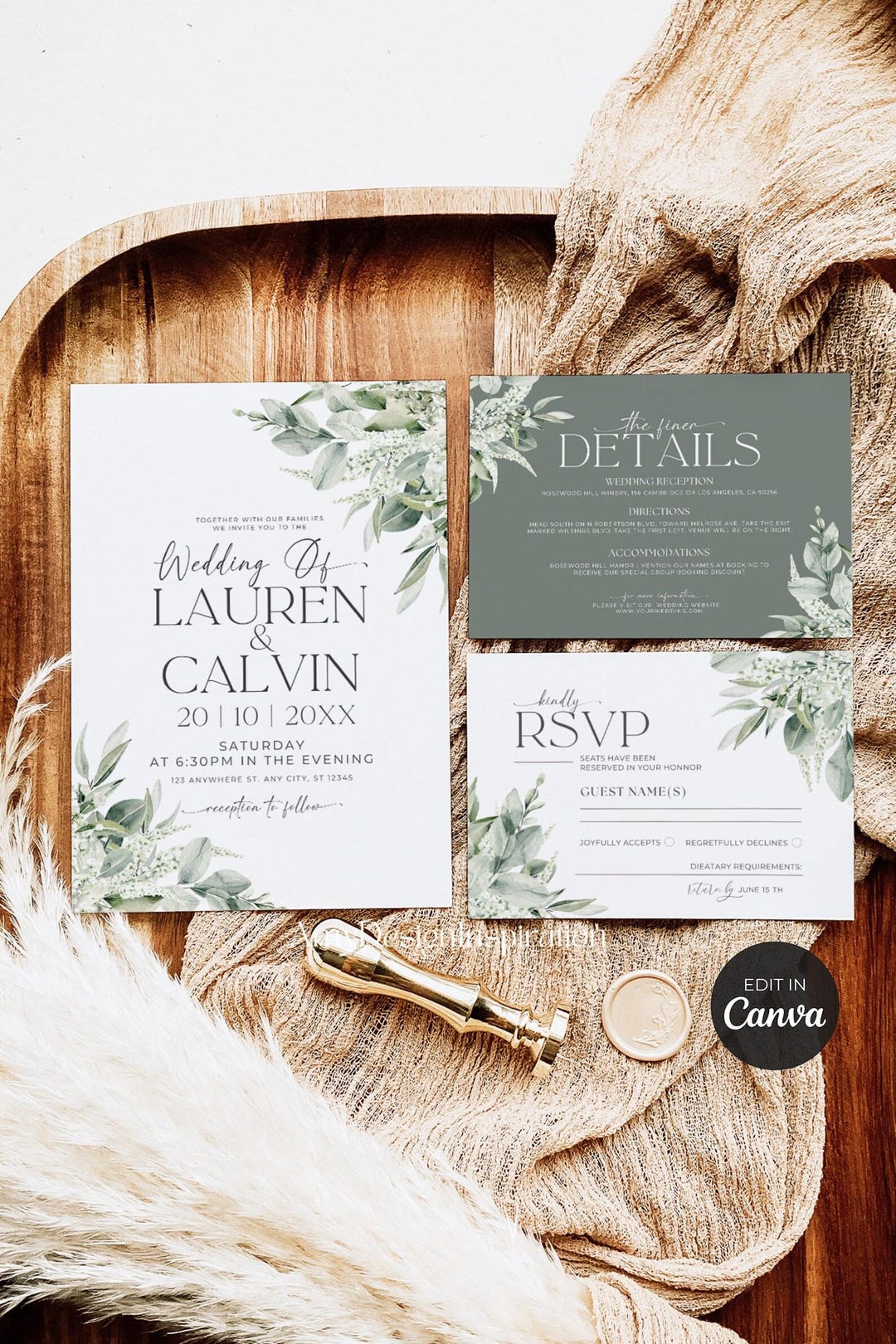 Sage Green Wedding Invitation Suite: Minimalist Greenery (canva ...