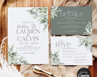 Sage Green Wedding Invitation Suite: Minimalist Greenery (Canva Template)