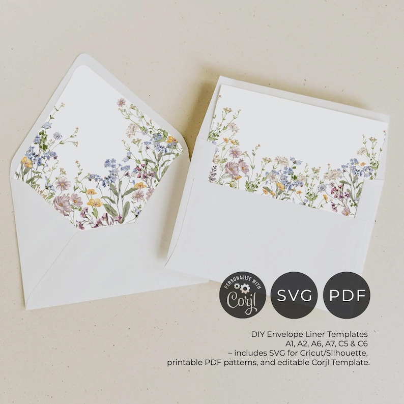 Wildflower Envelope Liner Template, DIY Envelope Liner A7 Euro Flap, Square Flap Envelope Liner Template Wedding Printable Bundle