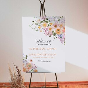 Spring Floral Wedding Sign Template Printable, Peach Purple Wedding Welcome Signs Template, Signage Large Sign Poster E023