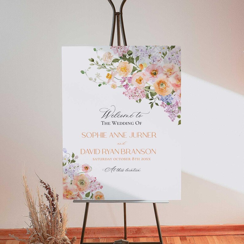 Spring Floral Wedding Sign Template Printable, Peach Purple Wedding Welcome Signs Template, Signage Large Sign Poster E023
