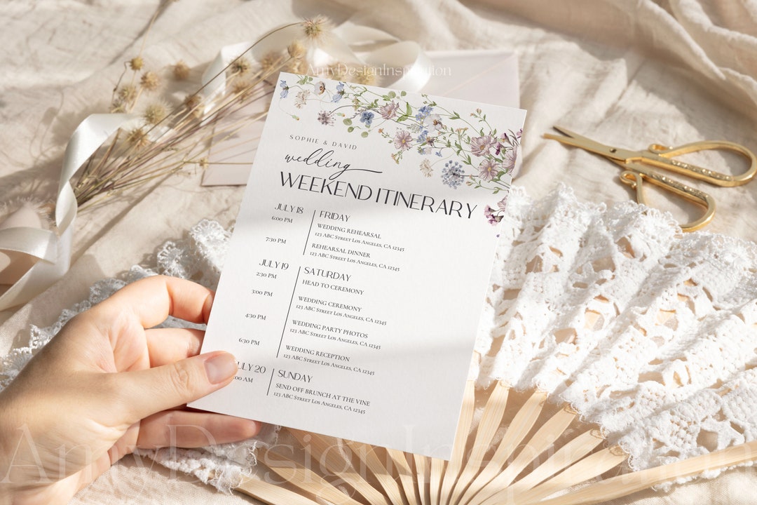 Wildflower Wedding Itinerary Template, Weekend Itinerary Editable, Botanical Wedding Timeline