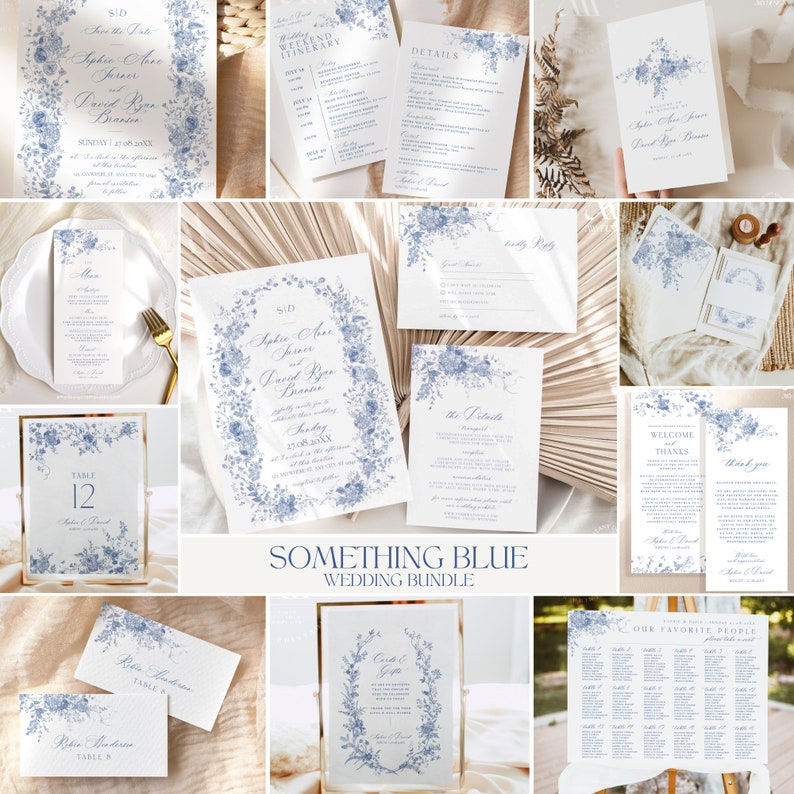 K&ouml;nnte beinhalten: Eine Hochzeitseinladungssuite mit einem blauen Blumendesign. Die Suite umfasst eine Save-the-Date-Karte, eine Einladung, eine RSVP-Karte, eine Detailkarte, eine Wochenend-Reiseplankarte, eine Tischnummernkarte, ein Willkommenszeichen, eine Dankeskarte, einen Sitzplan und eine Speisekarte. Der Text auf der Einladung lautet "Sophie Anne & David Ryan Branson".