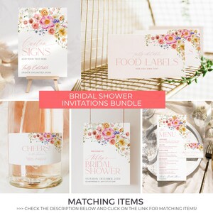 Pu&ograve; includere: Un set di inviti stampabili per un addio al nubilato con un design floreale. Gli inviti presentano un motivo floreale ad acquerello con fiori rosa, gialli e bianchi. Il testo sugli inviti include "Bridal Shower", "Welcome to", "Ashley's", "Saturday, December 24th", e "Anywhere, Any City, Time".
