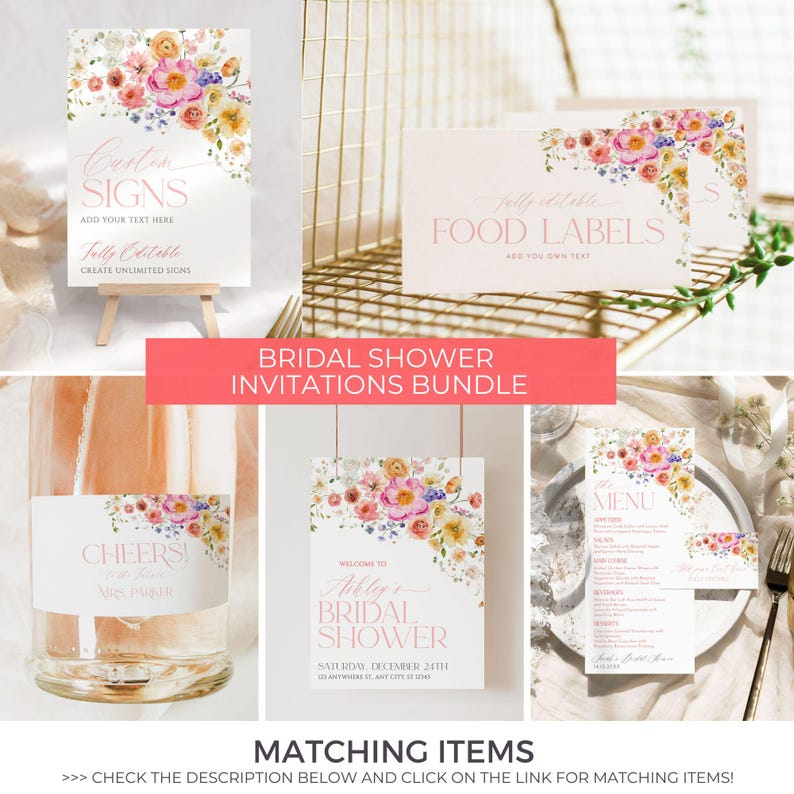 Pu&ograve; includere: Un set di inviti stampabili per un addio al nubilato con un design floreale. Gli inviti presentano un motivo floreale ad acquerello con fiori rosa, gialli e bianchi. Il testo sugli inviti include "Bridal Shower", "Welcome to", "Ashley's", "Saturday, December 24th", e "Anywhere, Any City, Time".