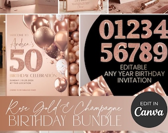 Rose Gold Birthday Invitation Bundle, Editable Any Age Birthday Party Template Canva, 50th 60th 30th 40th Birthday Decorations, Signs Menus