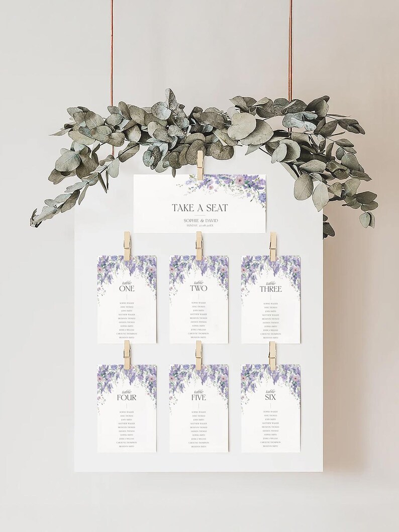 Wisteria Wedding Seating Chart Template: Purple Botanical Wildflower Design (Digital Download) D014