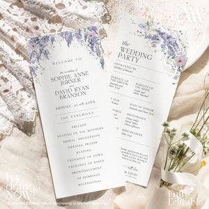 May include: A wedding ceremony programme with a floral design featuring purple and white flowers. The programme includes the names of the bride and groom, Sophie Anne Jurner and David Ryan Branson, the date of the wedding, and the order of events. The text "Try the FREE DEMO before purchasing to see how easy it is" is at the bottom of the programme.