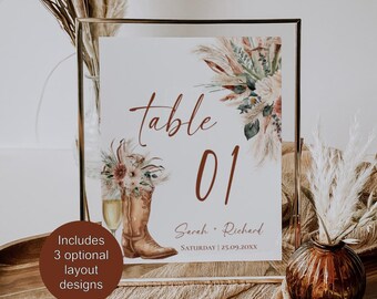 Boho Western Editable Table Number Template, Wedding Table Numbers, Table Sign, Bridal Shower Table Number, Wedding Decor