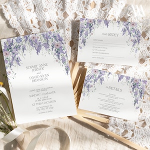 Wisteria Wedding Invitation Template with Photo, Save the Date Cards, Purple Floral Wedding Suite Template D014