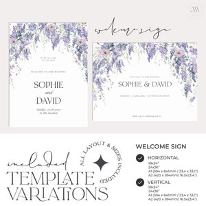 May include: A welcome sign template featuring a floral design with purple and white flowers. The sign reads "Welcome to our wedding, Sophie & David" and includes the date and location. The template is available in both horizontal and vertical layouts and in two sizes: 18x24 inches and 24x36 inches.