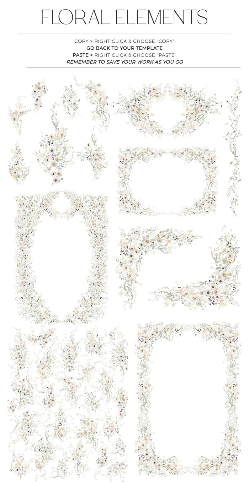 Vorlage für Hochzeitseinladungen mit Wildblumenmuster: Vintage-Blumen-Set (zum Ausdrucken) D034 Bild 7