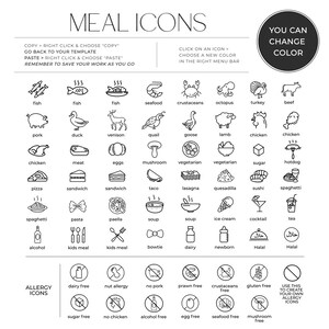 Puede incluir: Iconos en blanco y negro de l&iacute;nea de varios alimentos, bebidas y tipos de comidas. Los iconos est&aacute;n organizados en categor&iacute;as, incluyendo mariscos, carne, vegetarianos y postres. Los iconos tambi&eacute;n est&aacute;n etiquetados con sus nombres correspondientes. El texto "MEAL ICONS" est&aacute; en la parte superior de la imagen. El texto "YOU CAN CHANGE COLOR" est&aacute; en un c&iacute;rculo en la parte superior derecha de la imagen. Debajo de los iconos hay iconos en blanco y negro de l&iacute;nea de alergias alimentarias comunes, como sin l&aacute;cteos, alergia a las nueces y sin gluten. El texto "ALLERGY ICONS" est&aacute; en la parte superior izquierda de la imagen.