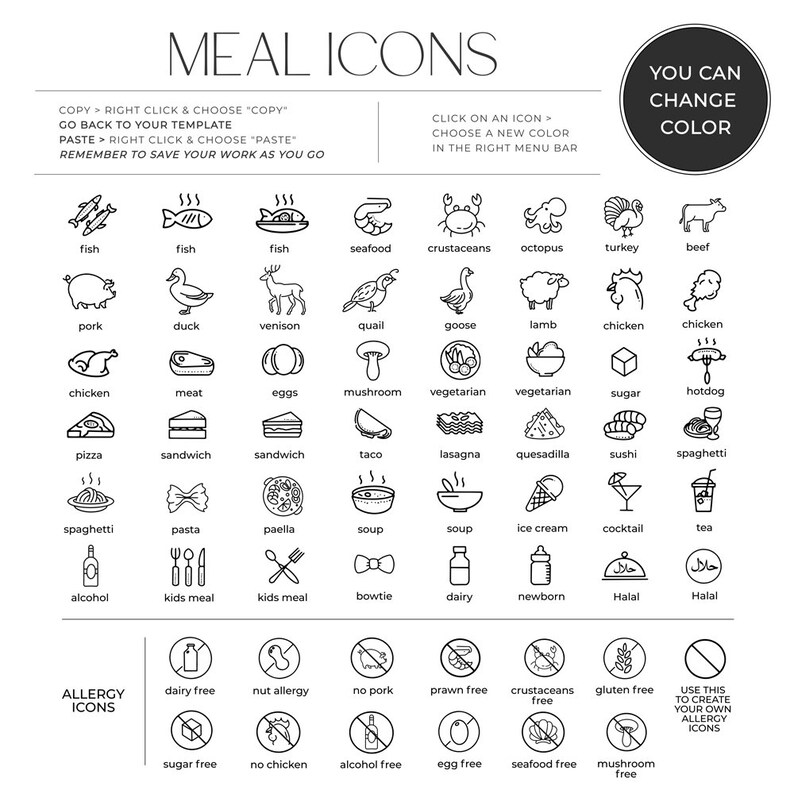 Puede incluir: Iconos en blanco y negro de l&iacute;nea de varios alimentos, bebidas y tipos de comidas. Los iconos est&aacute;n organizados en categor&iacute;as, incluyendo mariscos, carne, vegetarianos y postres. Los iconos tambi&eacute;n est&aacute;n etiquetados con sus nombres correspondientes. El texto "MEAL ICONS" est&aacute; en la parte superior de la imagen. El texto "YOU CAN CHANGE COLOR" est&aacute; en un c&iacute;rculo en la parte superior derecha de la imagen. Debajo de los iconos hay iconos en blanco y negro de l&iacute;nea de alergias alimentarias comunes, como sin l&aacute;cteos, alergia a las nueces y sin gluten. El texto "ALLERGY ICONS" est&aacute; en la parte superior izquierda de la imagen.
