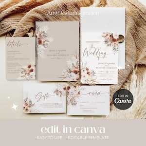 Fall Wedding Invitation Suite Template Canva, Boho Wedding Invite Set Template, Terracotta Boho Wedding Set Template Editable Canva #149b