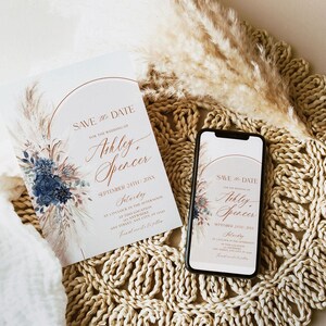 Navy Blue Save The Date Template With Photo, Boho Save The Date Card, Bohemian Pampas Rustic Wedding Printable Download E059