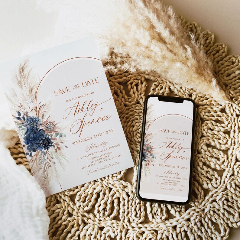 Navy Blue Save The Date Template With Photo, Boho Save The Date Card, Bohemian Pampas Rustic Wedding Printable Download E059