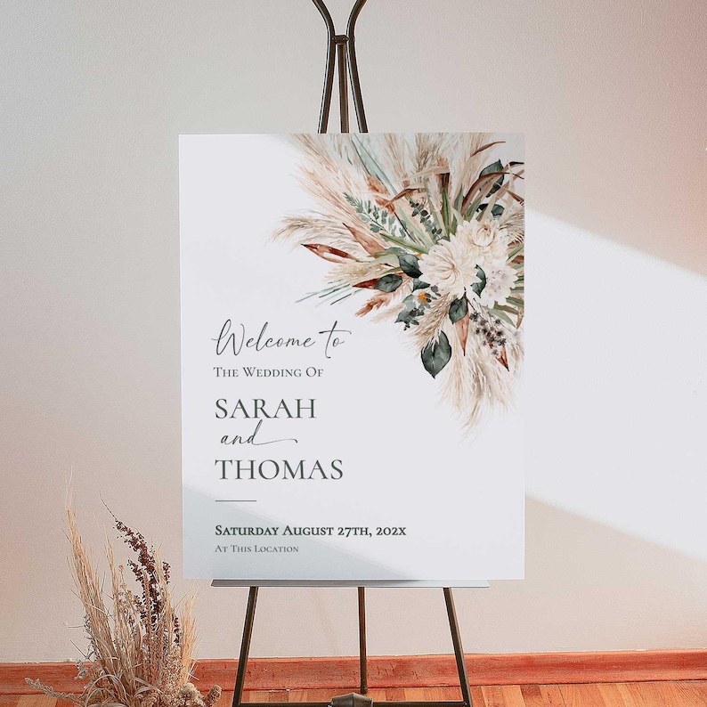 Rustic Greenery Welcome Sign Template, Wedding Welcome Signs, Large Signage Templates Printable Pampas Grass E008