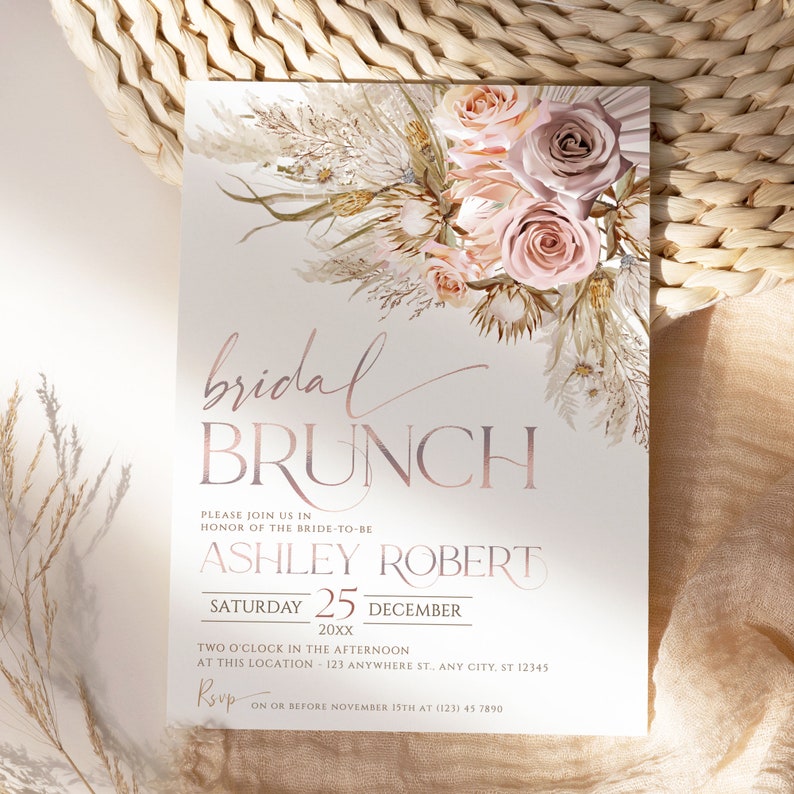 Pampas Bridal Brunch Invitation Template: Pink Boho (Editable) A006 image 3