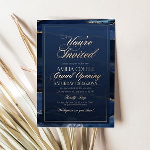 Elegant We're Open digital invitation in navy and gold, ideal for business grand openings and launch party announcements.