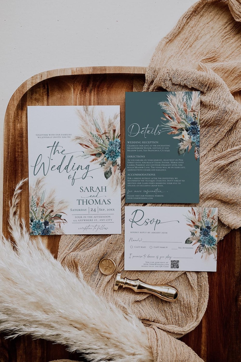Boho Teal Wedding Invitation Template, Bohemian Teal Wedding Invitation Suite Editable Printable, Turquoise Wedding Card E106
