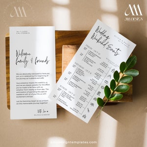 Carta de boas-vindas minimalista, itinerário de casamento, modelo de cronograma de casamento, nota de bolsa de boas-vindas moderna, cronograma de cronograma para impressão para download