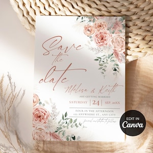 Plantilla floral de reserva de fecha (Canva), tarjetas imprimibles de reserva de fecha en rosa rubor, plantillas de boda (Canva) n.° 238