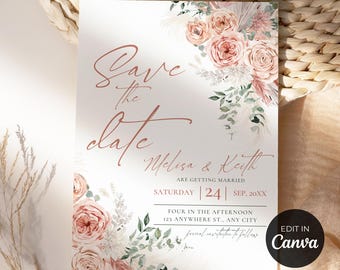 Floral Wedding Save The Date Card: Blush Pink Template (Canva Editable)