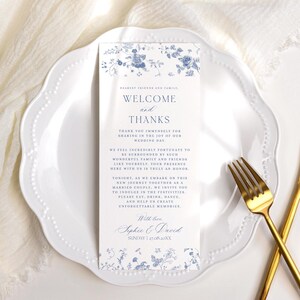 Something Blue Wedding Thank You Card Template: Minimalist Napkin Note French Toile Floral Vintage Monogram