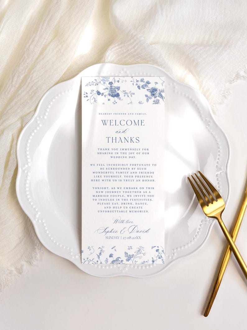 Something Blue Wedding Thank You Card Template: Minimalist Napkin Note French Toile Floral Vintage Monogram
