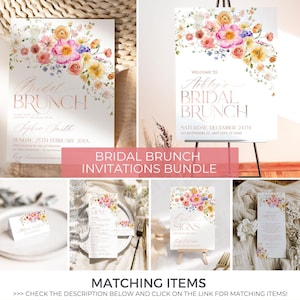 May include: A bridal brunch invitation bundle featuring floral watercolor illustrations in pink, orange, and purple. The stationery includes a welcome sign, menu, place card, and signage, all displaying elegant rose gold text and floral accents.