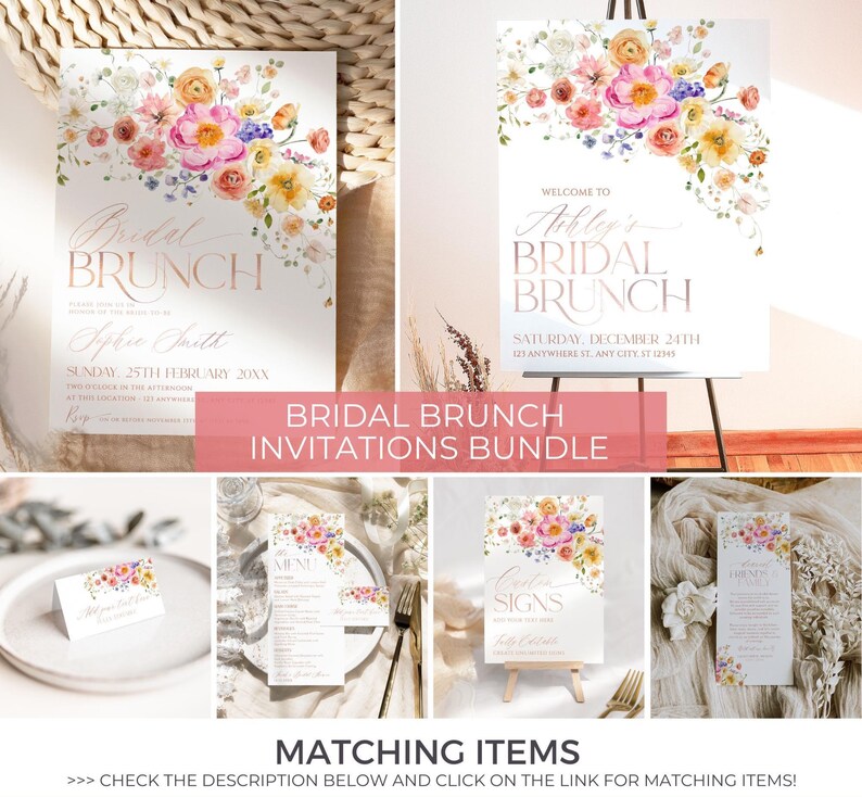 May include: A bridal brunch invitation bundle featuring floral watercolor illustrations in pink, orange, and purple. The stationery includes a welcome sign, menu, place card, and signage, all displaying elegant rose gold text and floral accents.