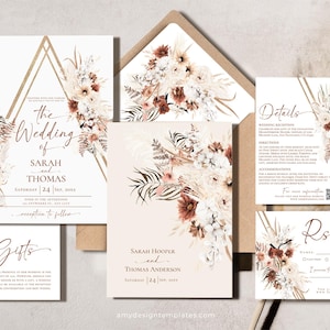 Boho Wedding Invitation Suite Template, Terracotta Wedding Invite QR Code, Elegant Fall Wedding Set Template, Bohemian Rust Terracotta E071