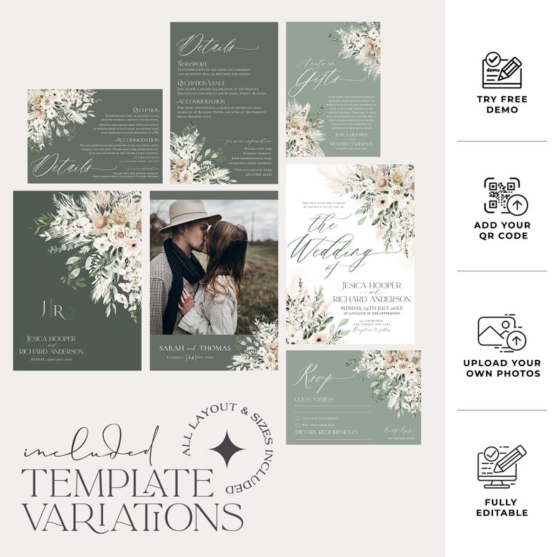 May include: A wedding invitation suite with a green and white color scheme. The invitation features a floral design with white flowers and green leaves. The text on the invitation reads "The Wedding of Jessica Hooper and Richard Anderson".