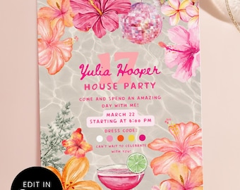 Tropical Birthday Party Invitation Card Canva Template, Water Ripple Pink Tropical House Party, Margarita Floral Disco Ball, Summer Party