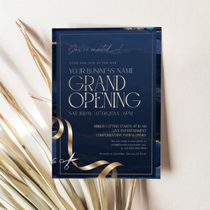 Editable grand opening invitation in navy and gold, perfect for business and corporate launch events.