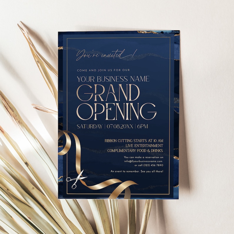 Editable grand opening invitation in navy and gold, perfect for business and corporate launch events.
