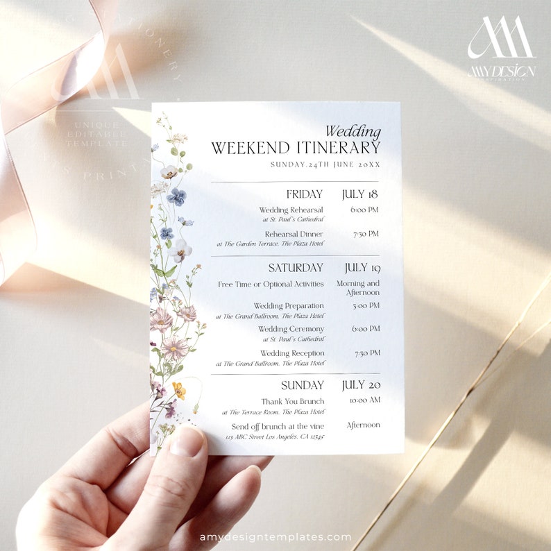 Wildflower Wedding Itinerary Template, Wedding Weekend Itinerary Template, Welcome Bag Template D002 image 6