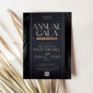 May include: Black and gold invitation with a palm leaf design. The text reads "Annual Gala" with the date "Saturday 27 December 20XX".