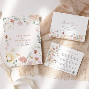 May include: Wedding invitation suite with a floral design. The invitation features a watercolor floral border with pink, white, and yellow flowers. The text reads "Sophie Juner and David Branson are getting married 08/10/20XX". The thank you card features a similar floral design and the text "Thank You for being a part of our special day Sophie & David 08.10.20XX". The details card features a floral design and the text "The Details".