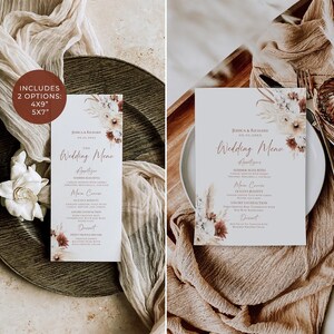 Modelo de cartão de menu Boho, modelo de menu de casamento Boho Terracota editável, menu de jantar de casamento no deserto, cartão de menu Boho Pampas editável D021