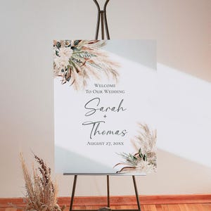 Bohemian Green Pampas Wedding Welcome Sign Template, Welcome To Our Wedding, Rustic Boho Wedding Signage Template E008