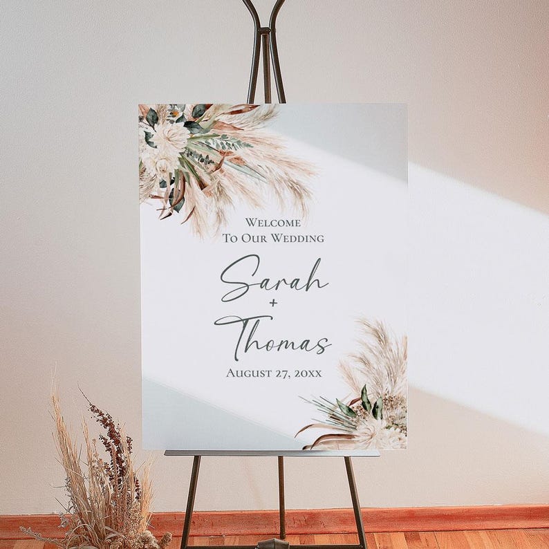 Bohemian Green Pampas Wedding Welcome Sign Template, Welcome To Our Wedding, Rustic Boho Wedding Signage Template E008