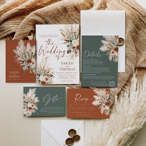 Boho Rustic Wedding Invitation Template, Boho Wedding Invitation Card Printable, Terracotta Sage Green Wedding Invite Set
