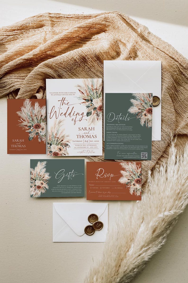 Boho Rustic Wedding Invitation Template, Boho Wedding Invitation Card Printable, Terracotta Sage Green Wedding Invite Set