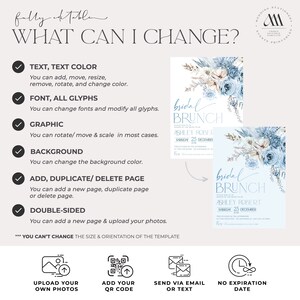 May include: A customizable bridal brunch invitation template with a blue and white floral design. The template includes text that says "bridal brunch" and "Ashley Robert" with a date of Saturday, December 25th. The template is fully editable and allows for changes to text, font, graphics, background, and the addition or deletion of pages. The template can also be made double-sided.