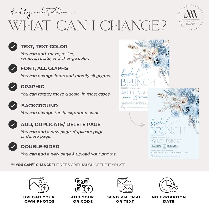 May include: A customizable bridal brunch invitation template with a blue and white floral design. The template includes text that says "bridal brunch" and "Ashley Robert" with a date of Saturday, December 25th. The template is fully editable and allows for changes to text, font, graphics, background, and the addition or deletion of pages. The template can also be made double-sided.