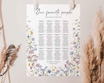 May include: A wedding seating chart with a floral design. The chart lists tables 1 through 12 with guest names under each table. The text at the top reads "Our favorite people" and "Your seat awaits". The bottom of the chart reads "Sophie & David" and "02.06.20XX".