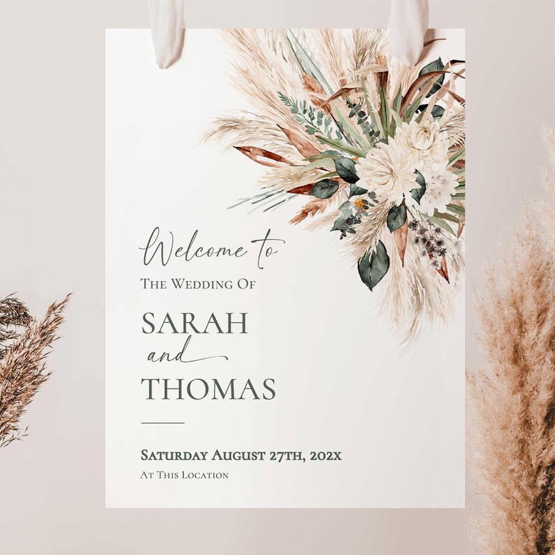 Rustic Greenery Welcome Sign Template, Wedding Welcome Signs, Large Signage Templates Printable Pampas Grass E008
